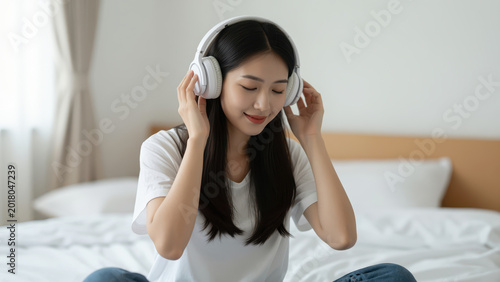 Serene Sounds: A young woman immersed in her music, basking in the tranquil joy of listening to her favorite tunes. 