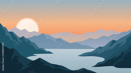 Foto Serene mountain lake landscape at sunset with majestic mountains