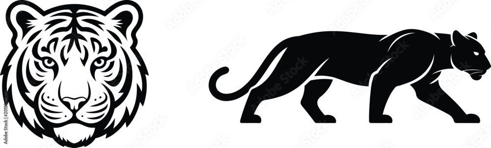 Fototapeta premium Fierce tiger head mascot black panther silhouette wild cat icon set vector illustration