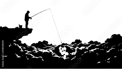 Schilderij op canvas Dramatic black and white silhouette of a lone fisherman casting his line from a rocky cliff, a powerful image of solitude and the pursuit of fishing, ideal for outdoor adventure and hobby themes
