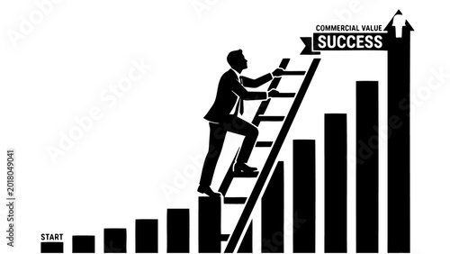 Photos Ambitious businessman climbing a ladder of success, reaching for commercial value and business achievement