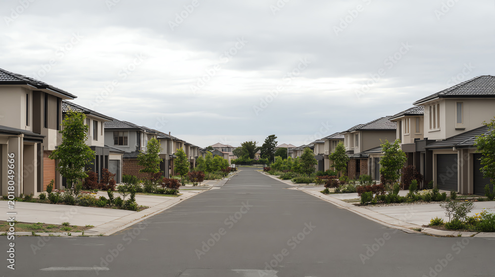 Obraz premium A serene neighborhood street featuring modern homes lined with greenery under a cloudy sky, perfect for showcasing community living.