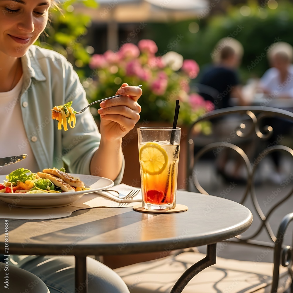 Fototapeta premium Woman Enjoying Lunch and a Drink at an Outdoor Cafe.