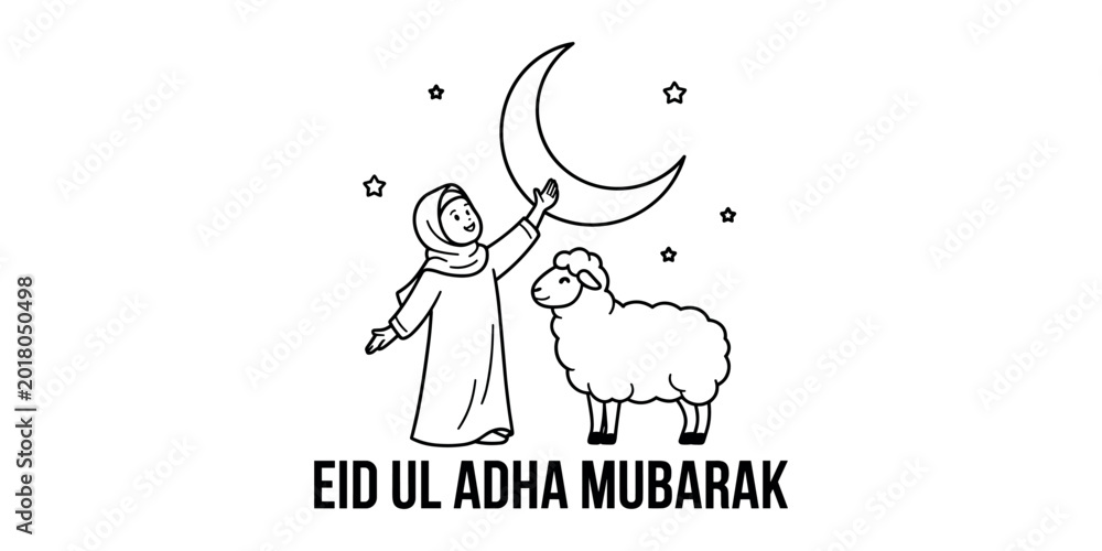 Fototapeta premium Muslim girl reaching for crescent moon with sheep and stars Eid ul Adha hijab in white background