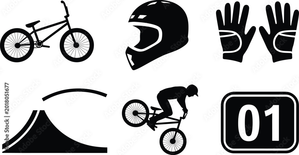 Fototapeta premium Bicycle and 5 icons for extreme sports featuring a helmet, gloves, ramp, and rider graphic