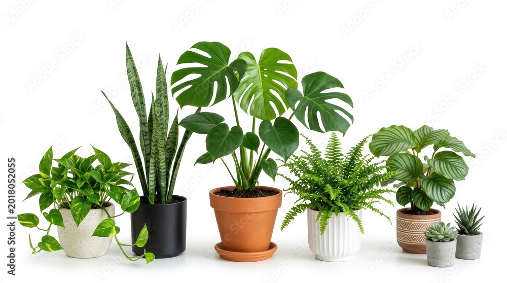 Fototapeta premium Lush indoor houseplants in ceramic pots, collection of tropical green potted plants, monstera and snake plant home decor on white background