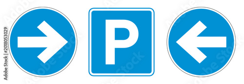 Free Download Parking sign icon set, blue vector symbols, left arrow direction, road traffic navigation signage, transportation design, wayfinding graphic elements - GFXLoad