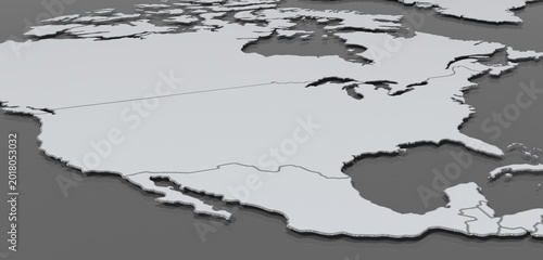 North America 3D map rendering in monochromatic tones for global business concepts.