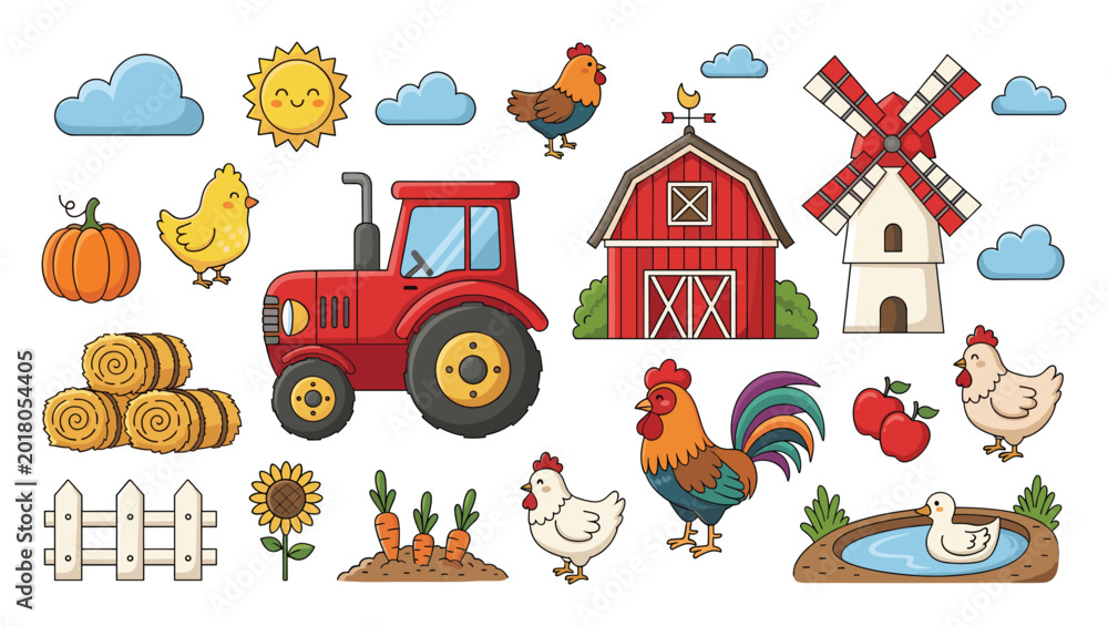 Naklejka premium Wholesome collection of farm life objects perfect for childrens books educational materials and country themed projects