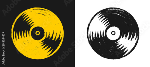 Quadro su tela Classic vinyl record disc icon in hand drawn yellow crayon style