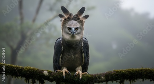 Harpy eagle is perched majestically on a mossy branch within a lush, misty rainforest, showcasing its impressive stature and distinctive plumage in its natural habitat, creating a captivating