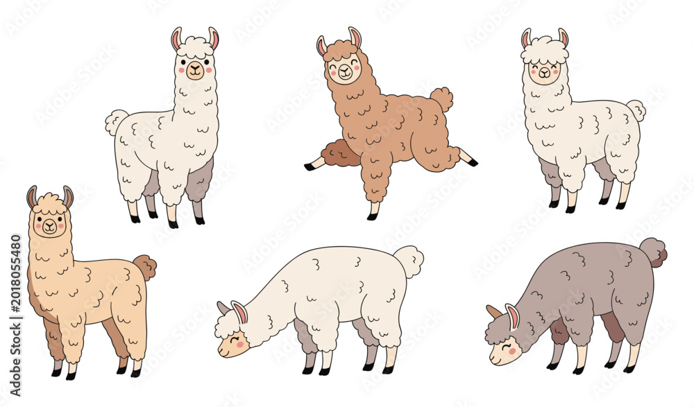 Fototapeta premium Collection of adorable fluffy llamas in different playful poses perfect for cheerful kids projects