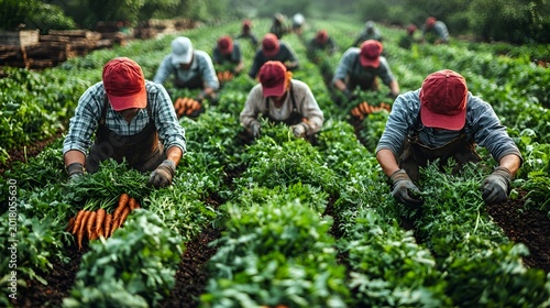 Farmers harvesting carrots in a lush field.