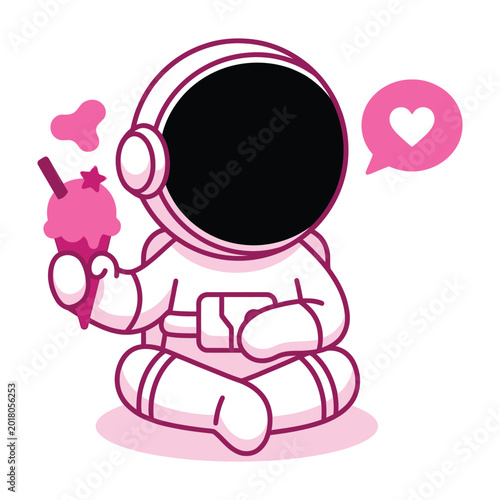 Cute Astronaut Holding Pink Ice Cream Cone with Heart Speech Bubble Sticker Doodle Style