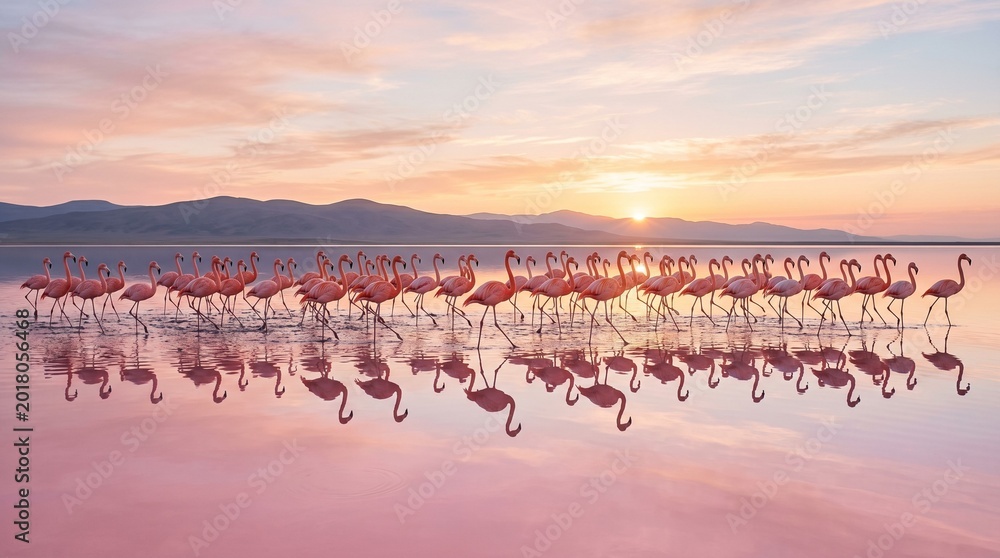 Fototapeta premium Majestic flock of pink flamingos wading in a stunning pink lake at dawn or dusk, reflecting a vibrant sky and distant mountains
