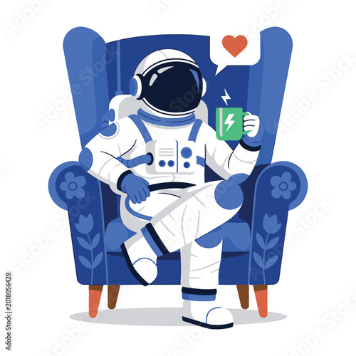 Astronaut Sitting in a Cozy Blue Armchair Drinking Hot Coffee with a Heart Speech Bubble Symbol