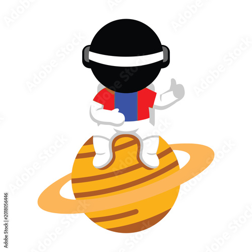 Astronaut Sitting on Planet Saturn with Rings Giving a Thumbs Up Gesture in Outer Space Concept