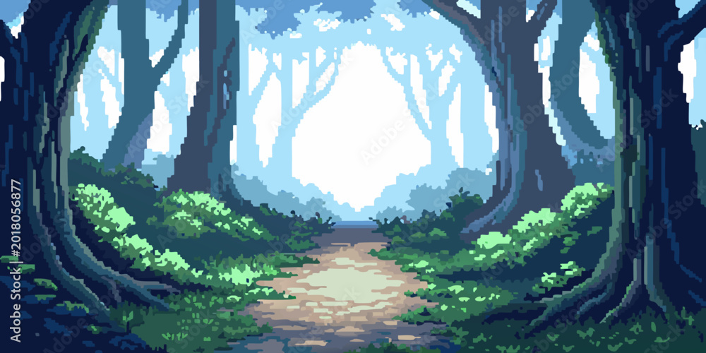 Fototapeta premium pixel art forest path with trees and foliage