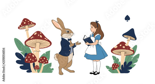 Young girl in a blue dress talking to a rabbit wearing a formal suit in a magical forest filled with giant red mushrooms.