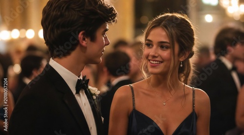 Elegant young couple talking at formal evening event