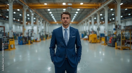 Businessman standing in modern industrial warehouse factory