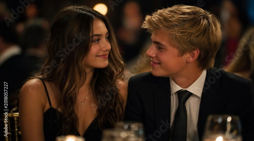 Romantic young couple at elegant dinner party