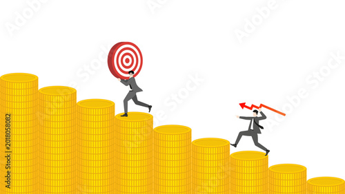 Businessman throwing red line graph arrow to target on falling gold coins bar graph for investment rebalancing and gold market risk management crisis concept