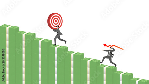 Businessman throwing red line graph arrow to target on falling banknotes bar graph for risk management investment rebalancing and financial loss prevention concept