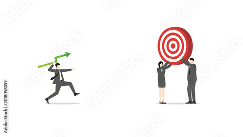 Business teamwork together throwing green line graph arrow to hit target for corporate success synergy profit growth and financial investment achievement goal concept
