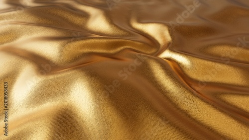 Golden fabric shiny fabric beautiful background with shimmering waves and folds, 3D rendering.