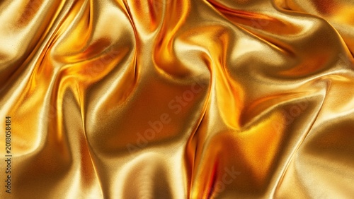 A golden fabric background with shimmering waves and folds, 3D rendering.