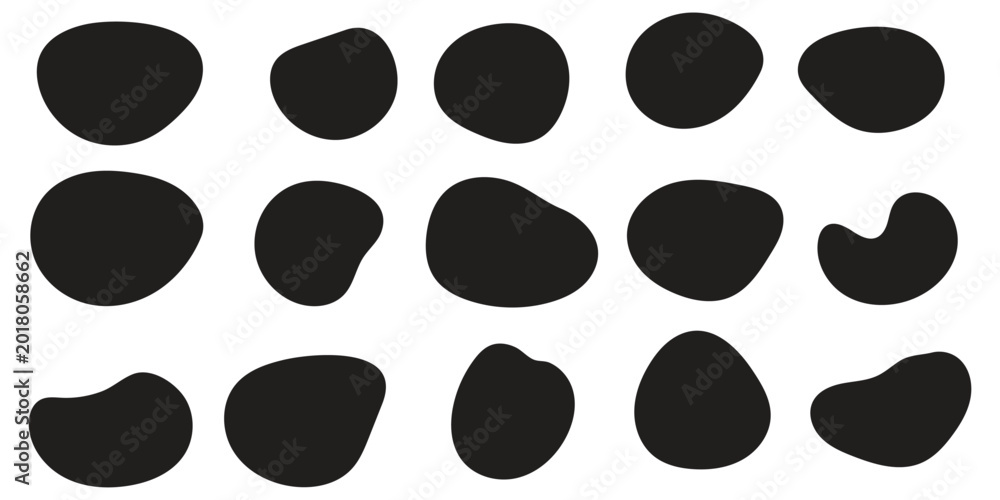 Fototapeta premium Organic black blob silhouettes and abstract liquid shapes featuring diverse hand-drawn pebble forms and smooth fluid elements for modern graphic design layouts and patterns.