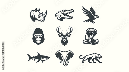 Wildlife animal emblem set with rhinoceros alligator hawk gorilla buck snake shark pachyderm and leopard head and body graphics.