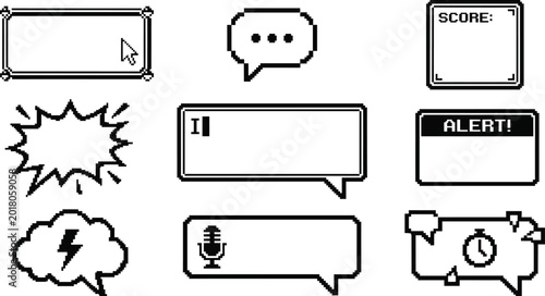 Collection of pixel art speech bubbles message boxes and user interface icons for mobile games on a transparent background grid.
