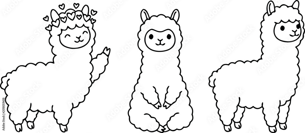 Fototapeta premium Adorable Hand Drawn Alpaca and Llama Line Art Illustration Set Featuring Cute Characters with Hearts for Nursery Decor
