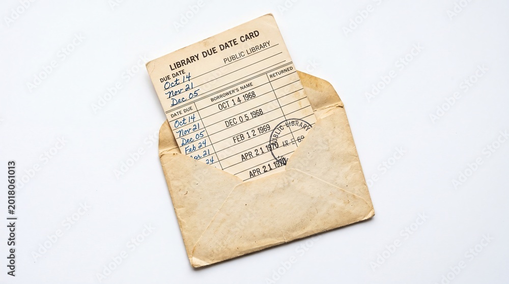 Naklejka premium Vintage library due date card in envelope isolated on white