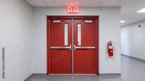 School emergency exit doors with illuminated sign and fire extinguisher