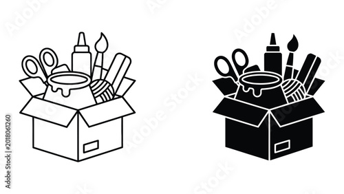 Obraz na płótnie Vector illustration of open cardboard boxes with art supplies spilling out