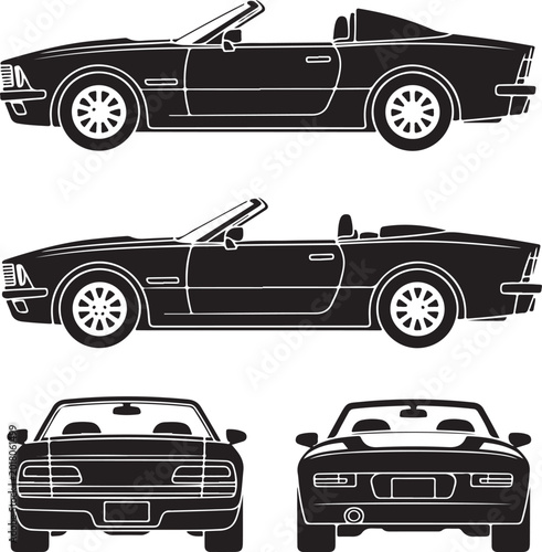 Black and white vector pictograms of a small convertible car shown from four different angles - side, front, rear, and top view. Simple, clean silhouette style for easy use in design projects