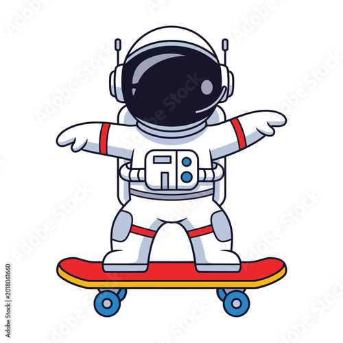 Cute Astronaut Character Riding a Red Skateboard Isolated on White Background for Kids Design