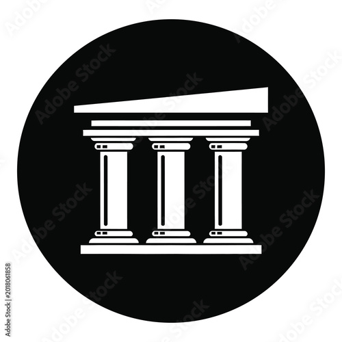 Billede på lærred Icon of white columns with pediment on black circular background icon