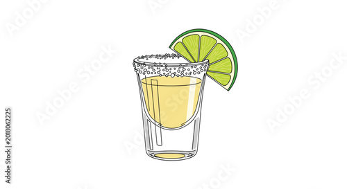 Glass of tequila with a salt rim and a fresh slice of lime perched on the edge on a clean white background.
