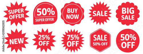 Tableau sur toile Realistic red promotional sale stickers, discount price tags, starburst badges,