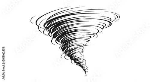 Dynamic black and white illustration of a powerful tornado or whirlwind spinning against a white background.