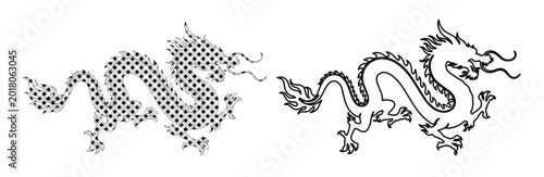 Traditional Chinese dragon vector set, black and white oriental dragon silhouettes, mythical creature line art with halftone pattern texture