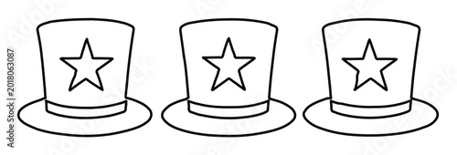 Patriotic top hat line art icons, set of 3 uncle sam hats with stars, american holiday coloring page vector, minimalist circus performer headwear