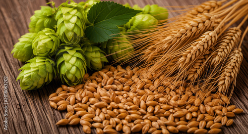 Fresh hops and golden wheat ears on a rustic wooden background. Loose grain kernels scattered beside traditional brewing ingredients. Craft beer raw materials concept ideal for brewery marketing.