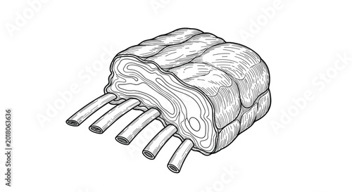 Detailed engraving style illustration of a raw rack of lamb showing the ribs and meat texture for gourmet food menu design.
