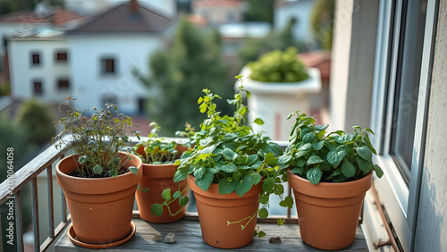 Vibrant Balcony Herb Garden: Fresh Organic Culinary Herbs like Basil, Rosemary, Thyme Growing in Rustic Terracotta Pots, Bathed in Sunlight, Urban Gar