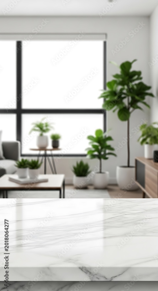Fototapeta premium Bright Living Room with Plants and Marble Countertop.